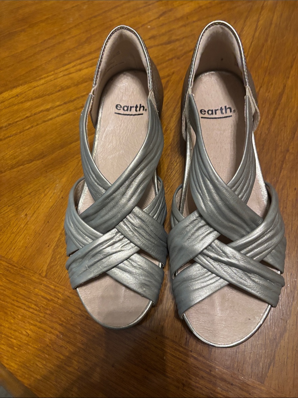 Earth Metallic Pewter Cork Wedge Sandals